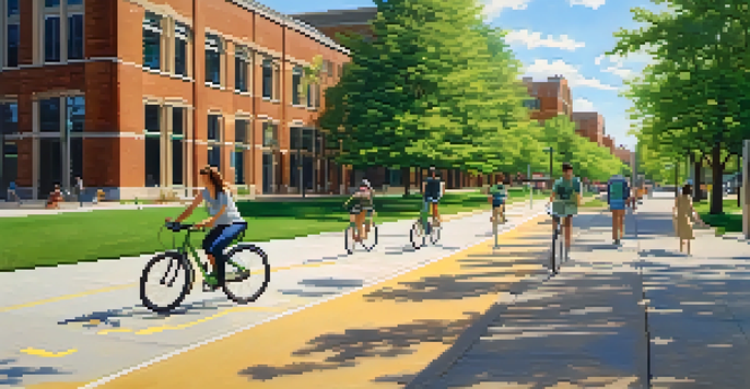 A lively Michigan State University campus with students riding bicycles on well-maintained paths, surrounded by greenery and energy-efficient buildings.