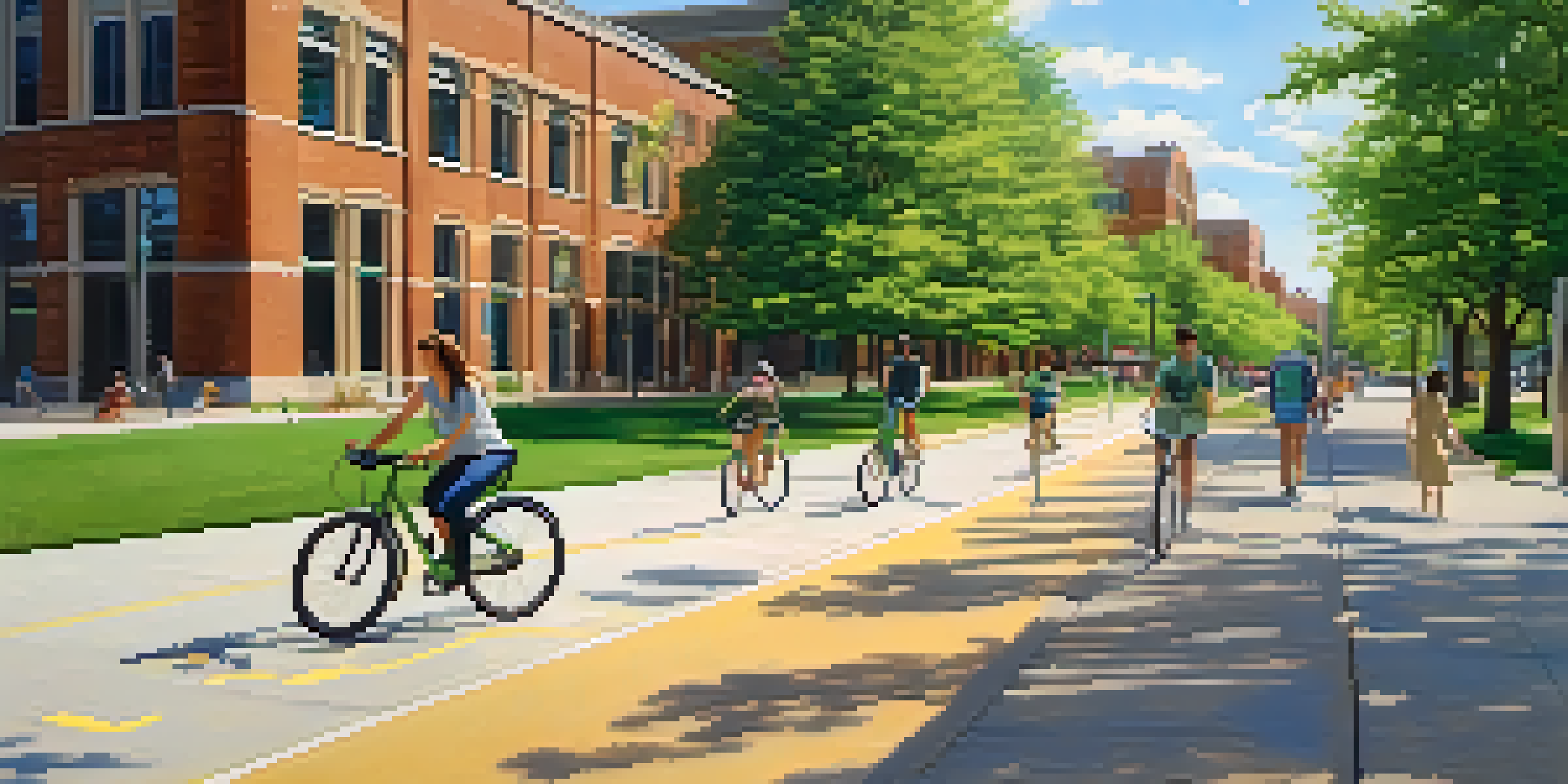 A lively Michigan State University campus with students riding bicycles on well-maintained paths, surrounded by greenery and energy-efficient buildings.