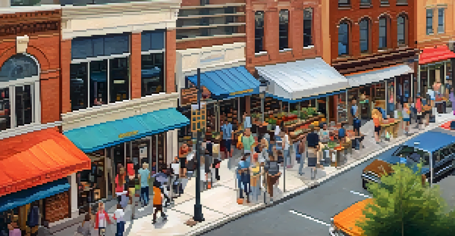 An aerial view of a busy business district near Michigan State University with shops and cafes, filled with students and locals.