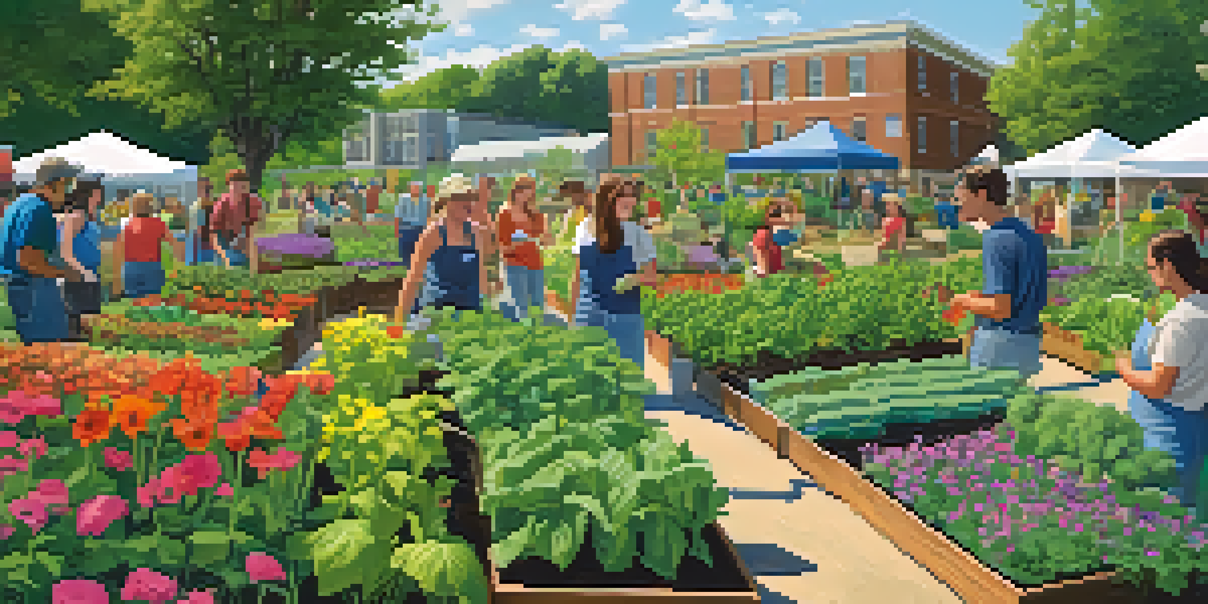A community garden filled with various plants and flowers, with students and farmers engaged in a workshop under a clear blue sky.