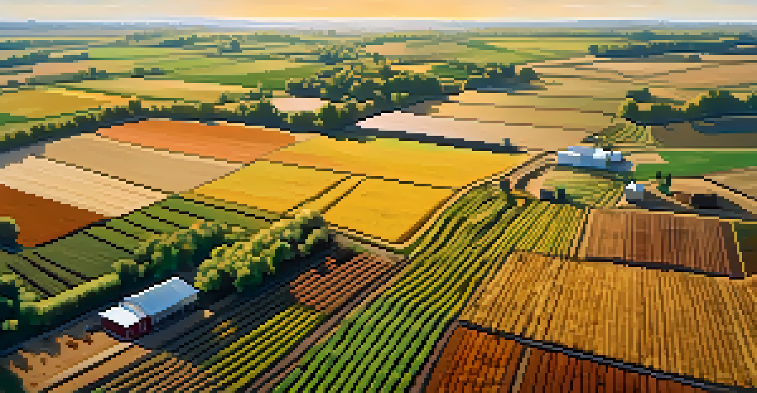 An aerial view of a modern farm with a drone monitoring crop health, showcasing precision agriculture technology.