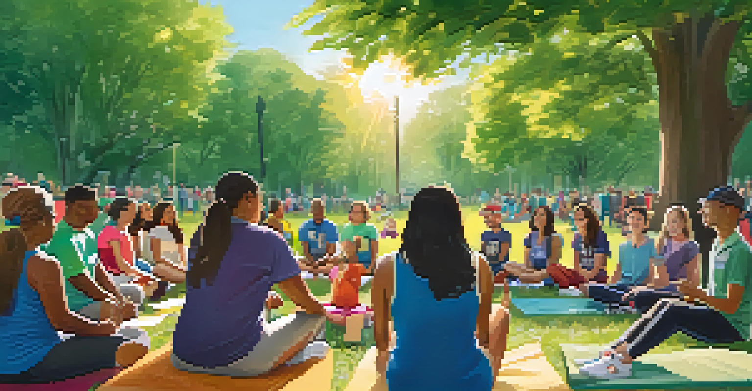 An MSU alumni leading a community health workshop in a lively park, with participants engaged in fitness activities and colorful health banners.
