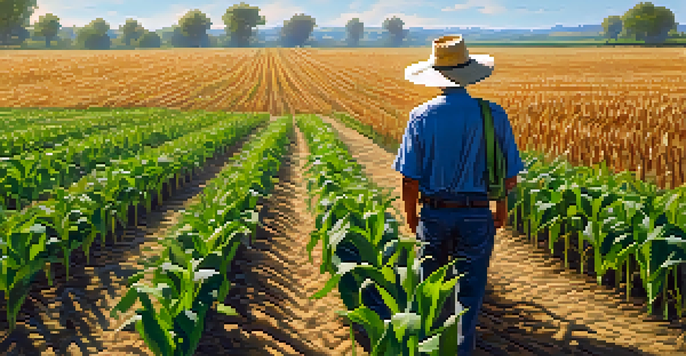 A farmer inspecting a field of drought-resistant corn and soybean crops under a blue sky, with an irrigation system in the background.
