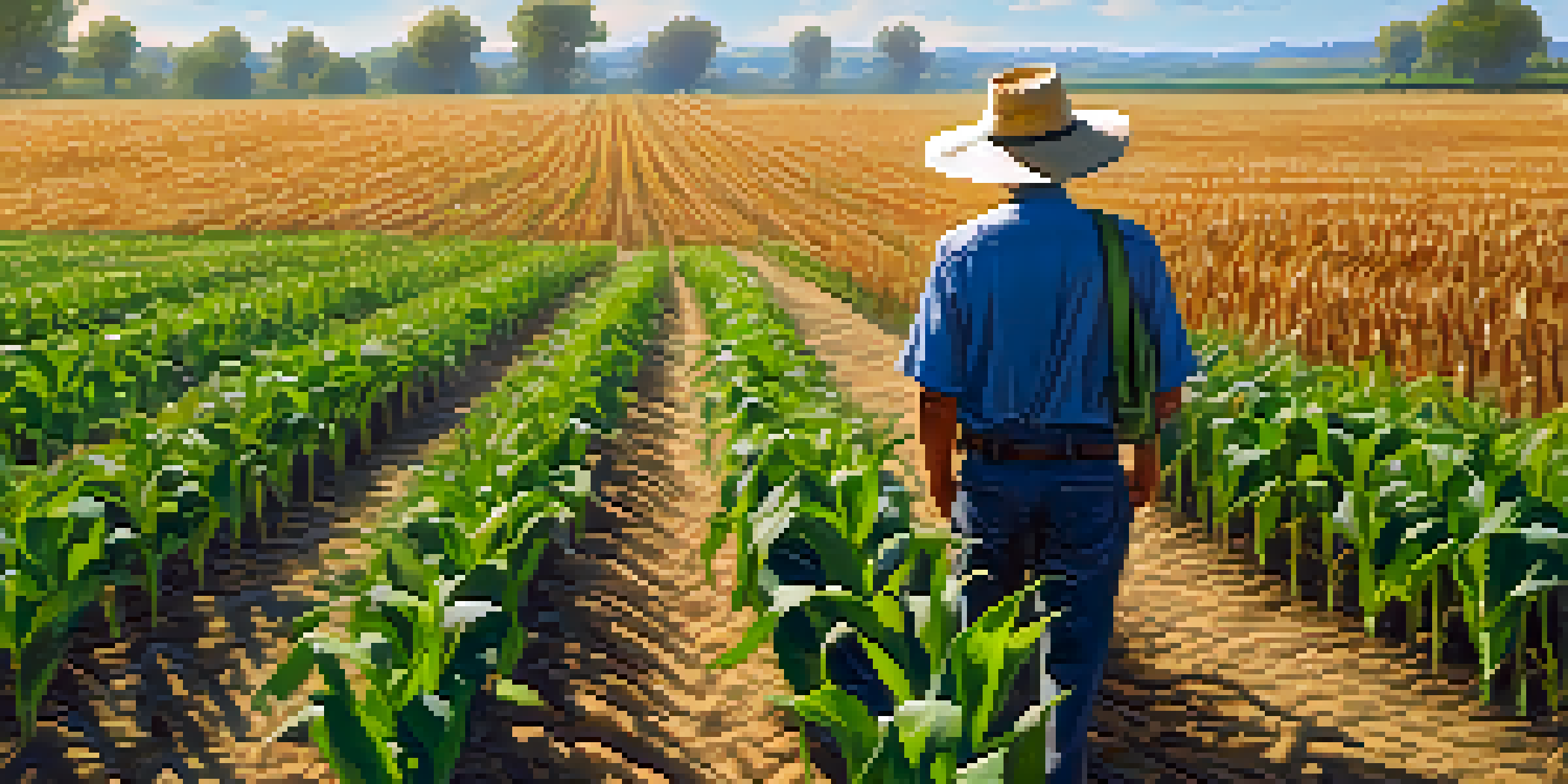 A farmer inspecting a field of drought-resistant corn and soybean crops under a blue sky, with an irrigation system in the background.