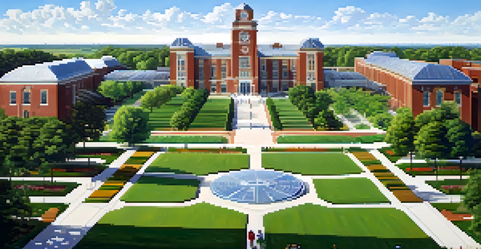 A sunny landscape of Michigan State University's agricultural campus with green fields and students researching.