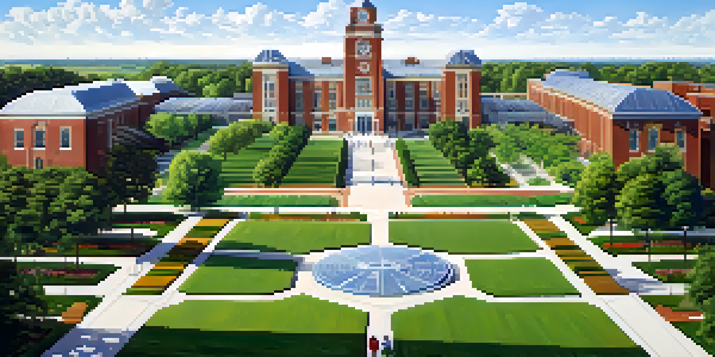 A sunny landscape of Michigan State University's agricultural campus with green fields and students researching.