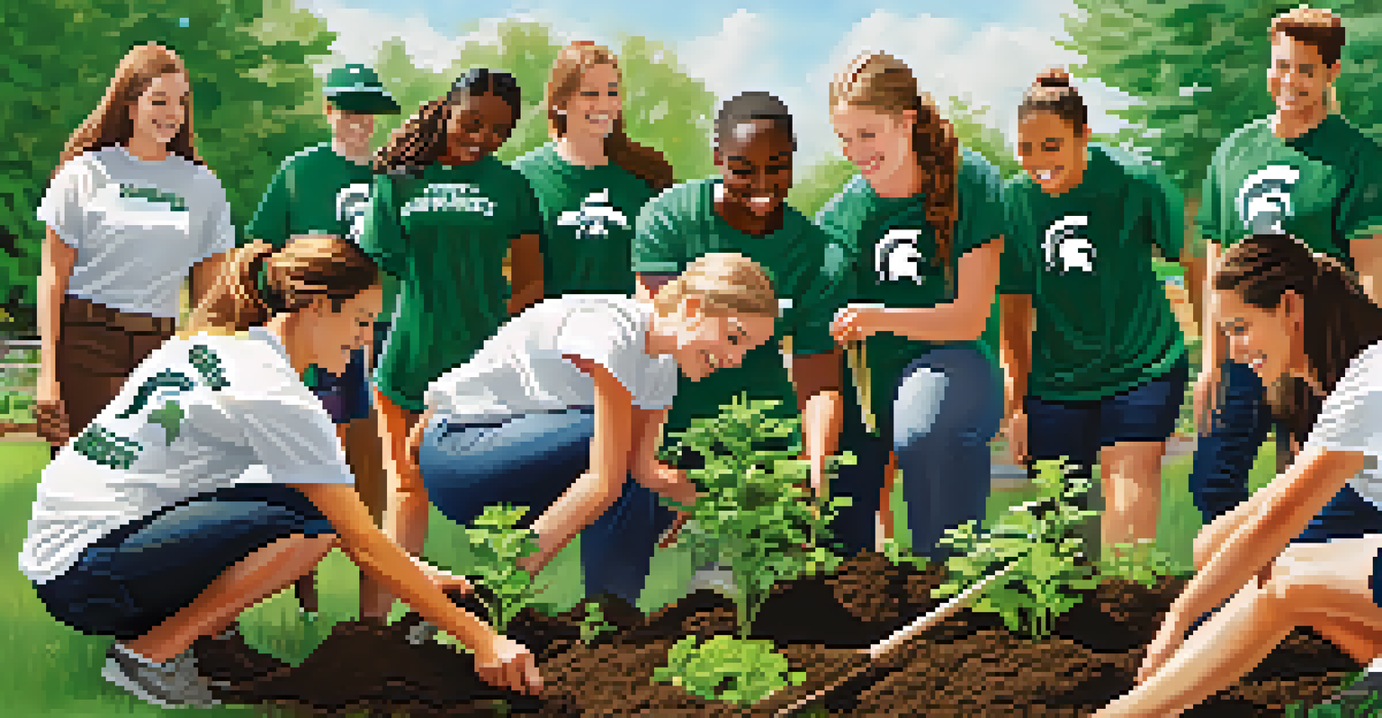 Michigan State student-athletes participating in a community service project, planting a garden together and demonstrating teamwork.
