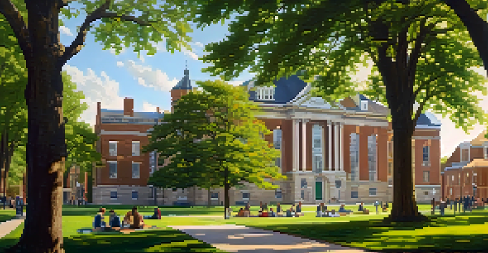A historic scene of diverse students studying outdoors at the University of Michigan, with 19th-century architecture and trees in the background.