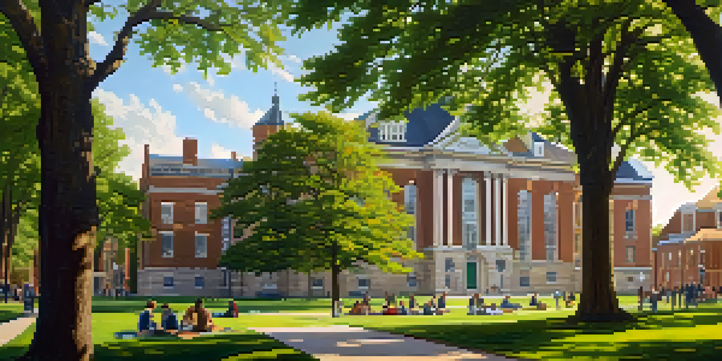 A historic scene of diverse students studying outdoors at the University of Michigan, with 19th-century architecture and trees in the background.
