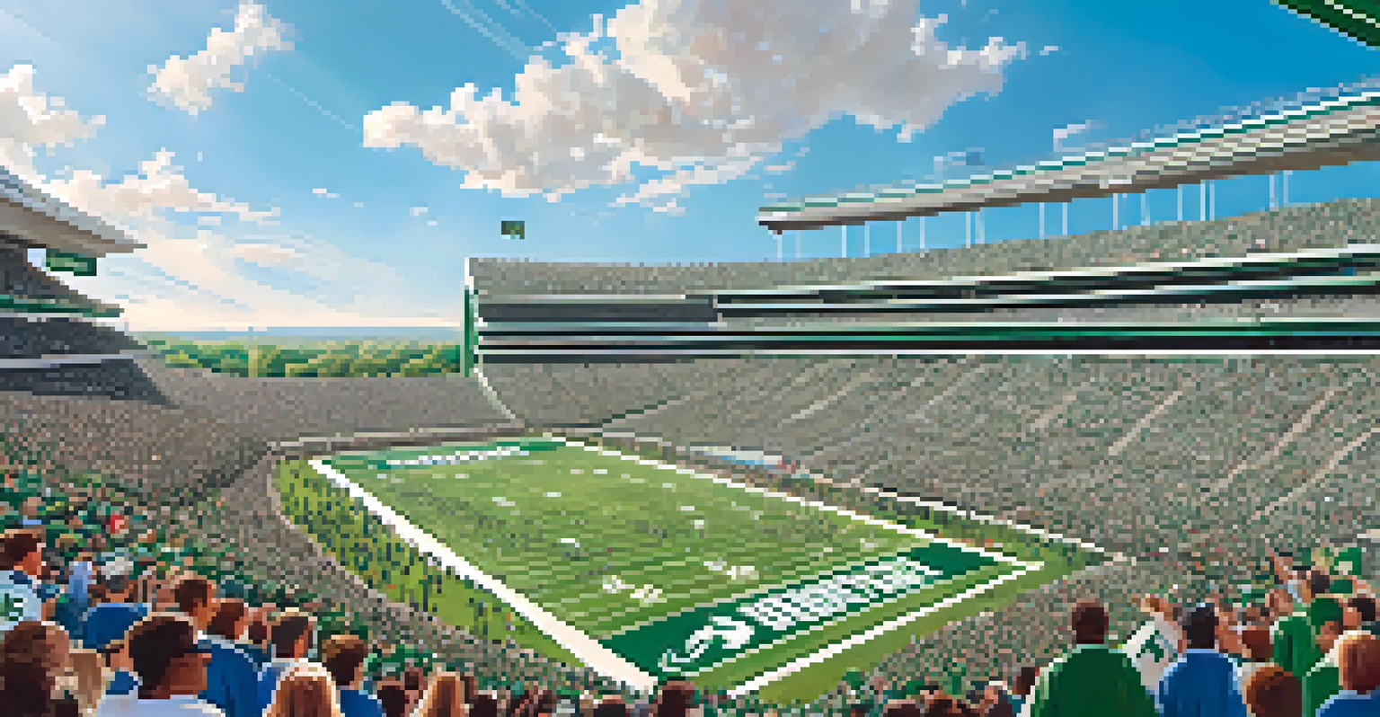A lively game day at Spartan Stadium, with fans in green and white cheering and holding signs under a sunny sky.