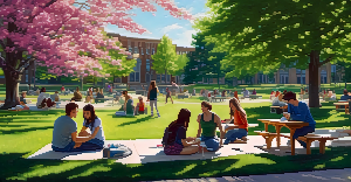 A lively campus scene at Michigan State University with students working together at a table amidst blooming flowers, iconic buildings in the background.