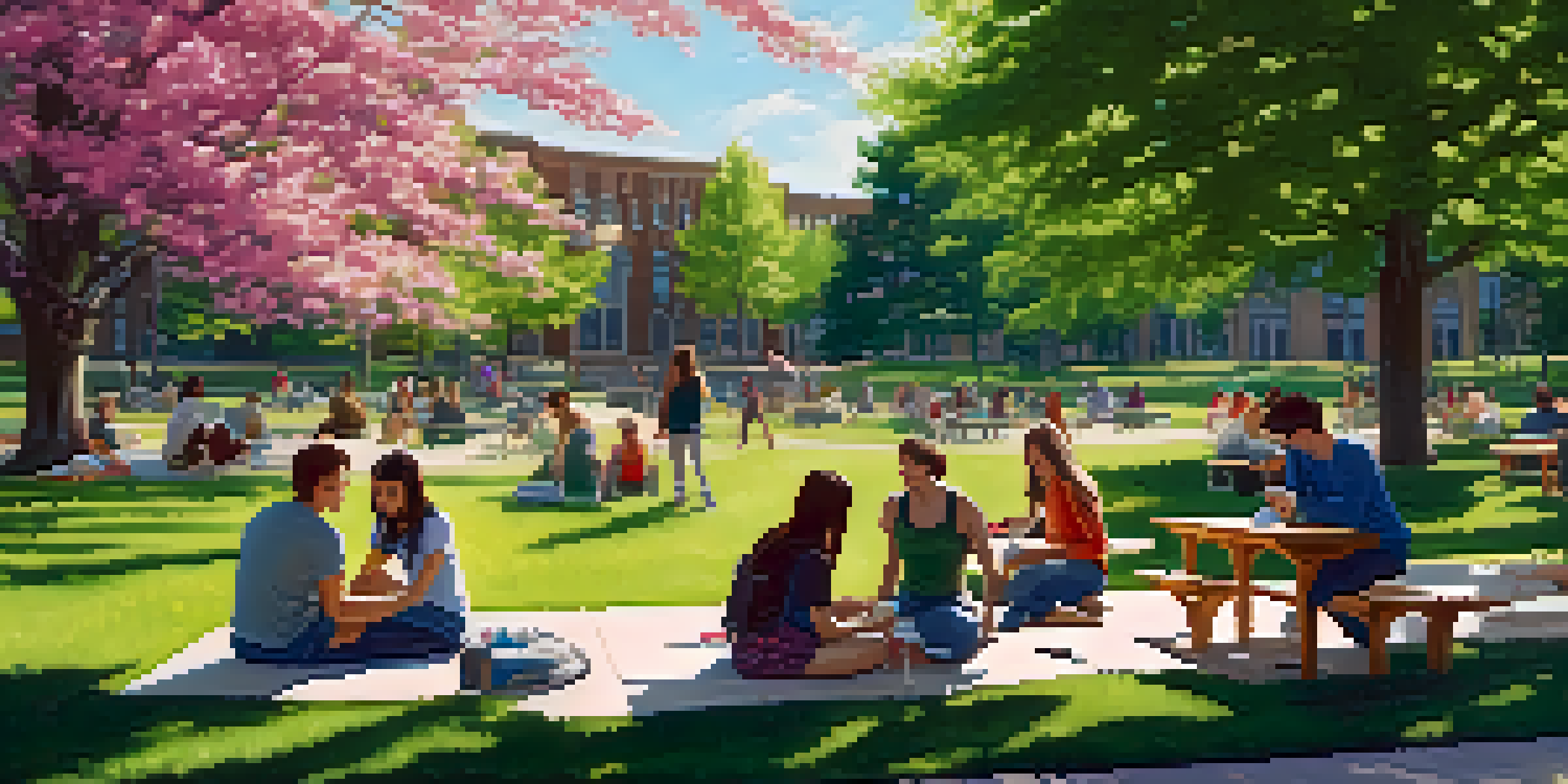 A lively campus scene at Michigan State University with students working together at a table amidst blooming flowers, iconic buildings in the background.