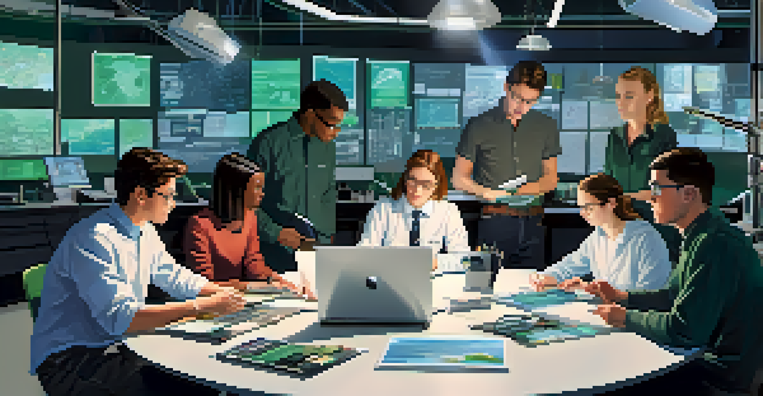 Graduate students working together in a modern lab, engaged in a research project with laptops and scientific equipment.