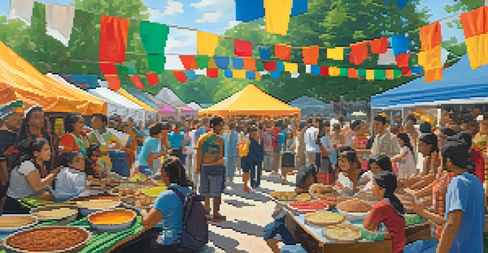 A cultural fair at Michigan State University with students from diverse backgrounds sharing their traditions through food, music, and art.