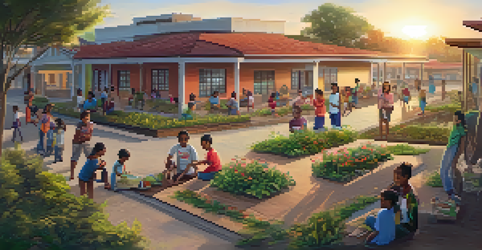 MSU students engaging with local families in a community development project, with children participating in educational activities under a warm sunset.