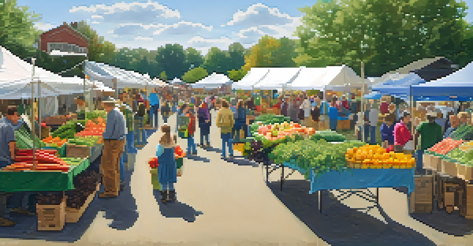 A vibrant farmers' market featuring local produce and families engaging with farmers, showcasing community support for agriculture.