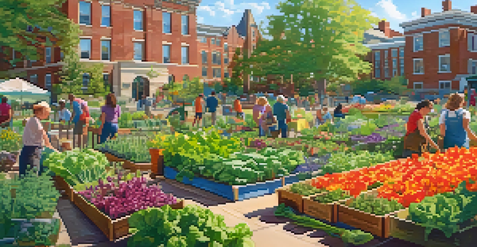 A community garden with diverse people working together, colorful flowers, and a sunny backdrop of university buildings.