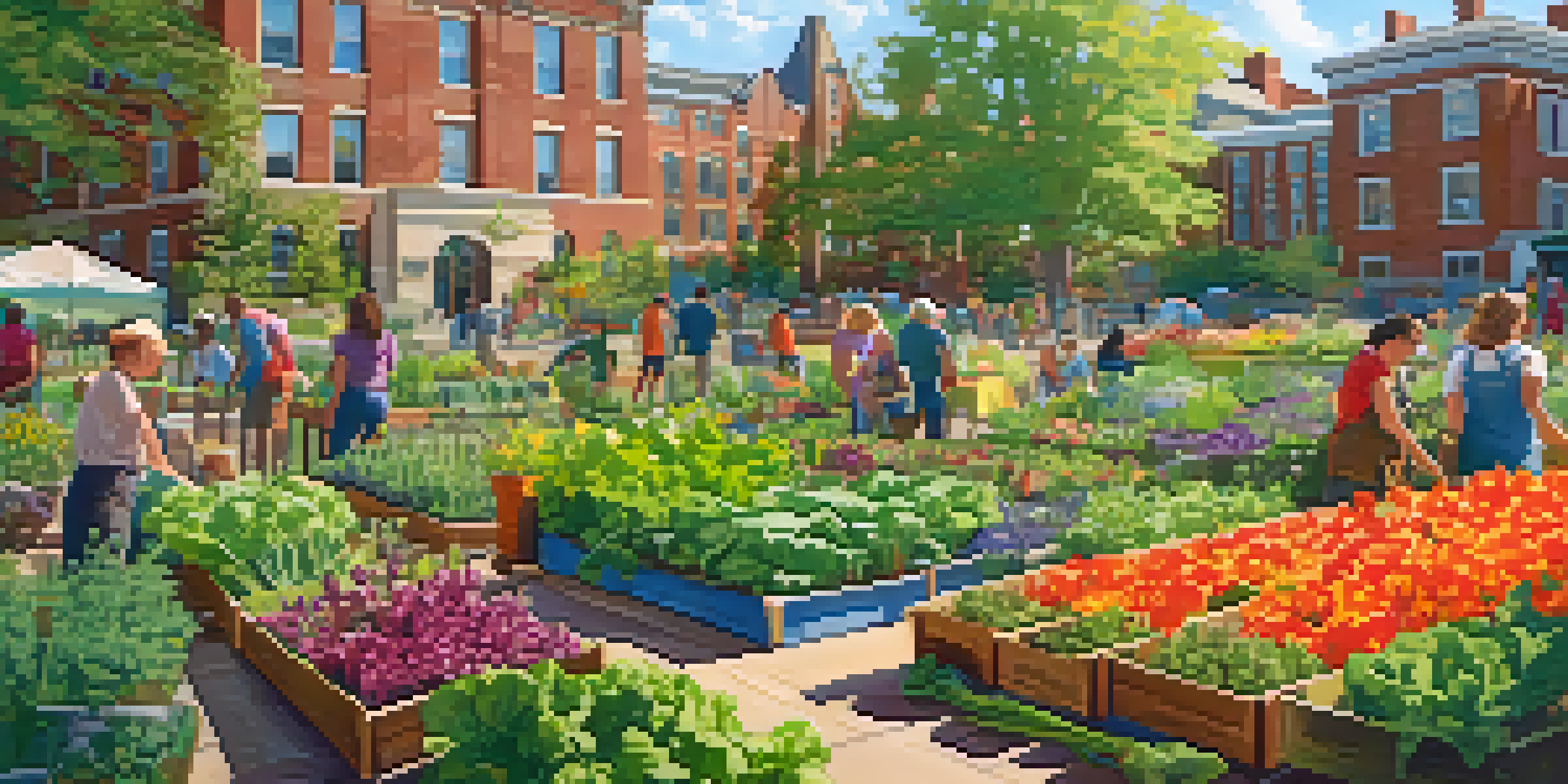 A community garden with diverse people working together, colorful flowers, and a sunny backdrop of university buildings.