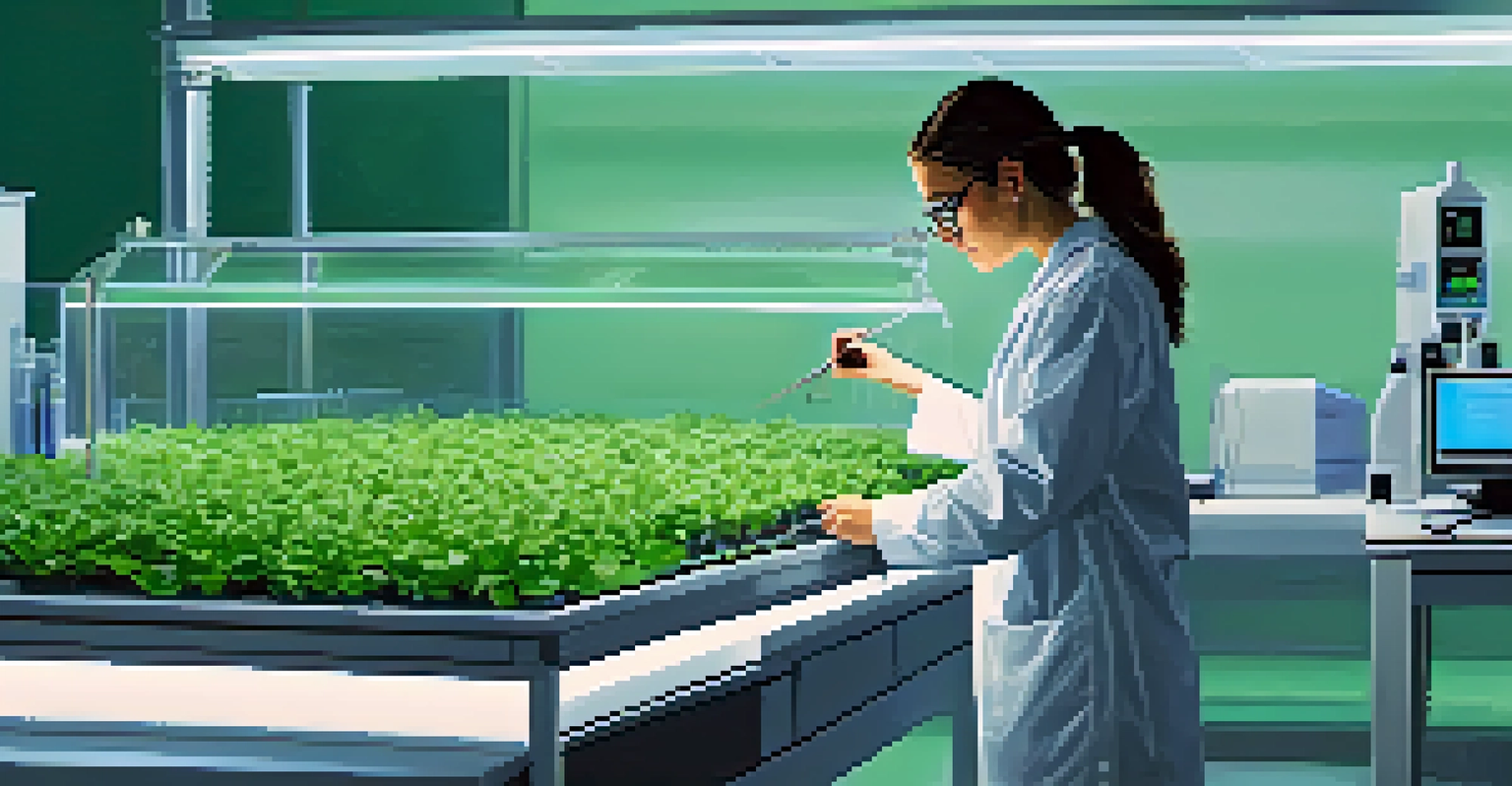 A researcher at Michigan State University working in a high-tech laboratory, analyzing agricultural technology surrounded by plants and bright lights.