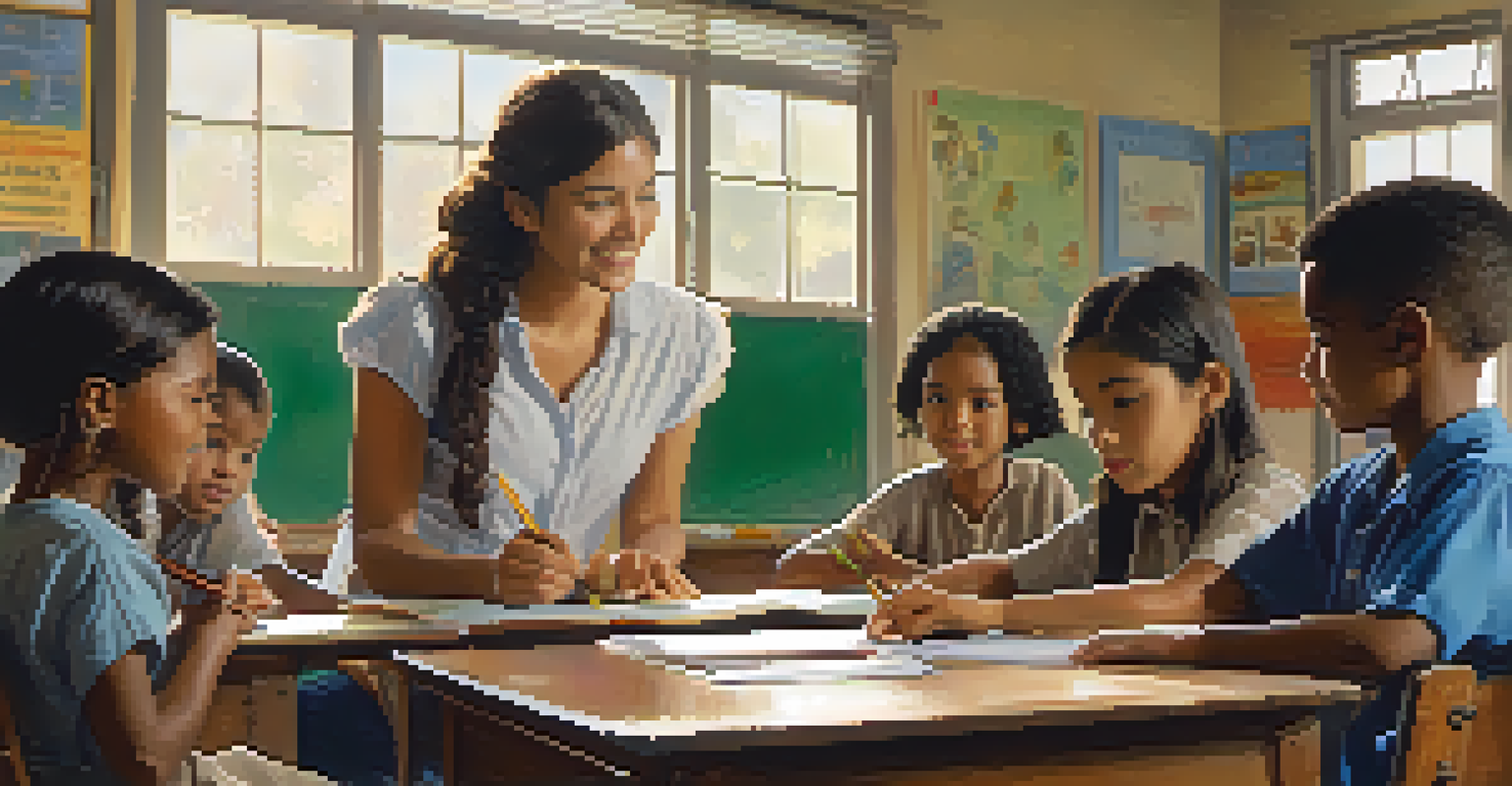 A young woman teaching a diverse group of children in a bright and colorful classroom filled with educational materials.