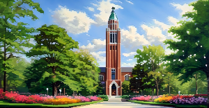 A historic tower surrounded by green trees and colorful flowers, representing the blend of tradition and modern architecture on the campus of Michigan State University.