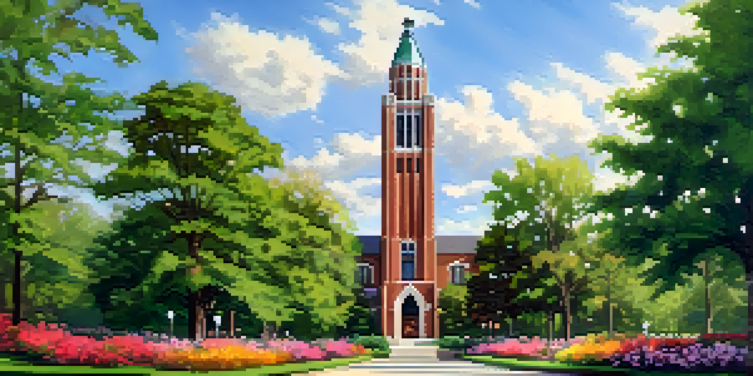 A historic tower surrounded by green trees and colorful flowers, representing the blend of tradition and modern architecture on the campus of Michigan State University.