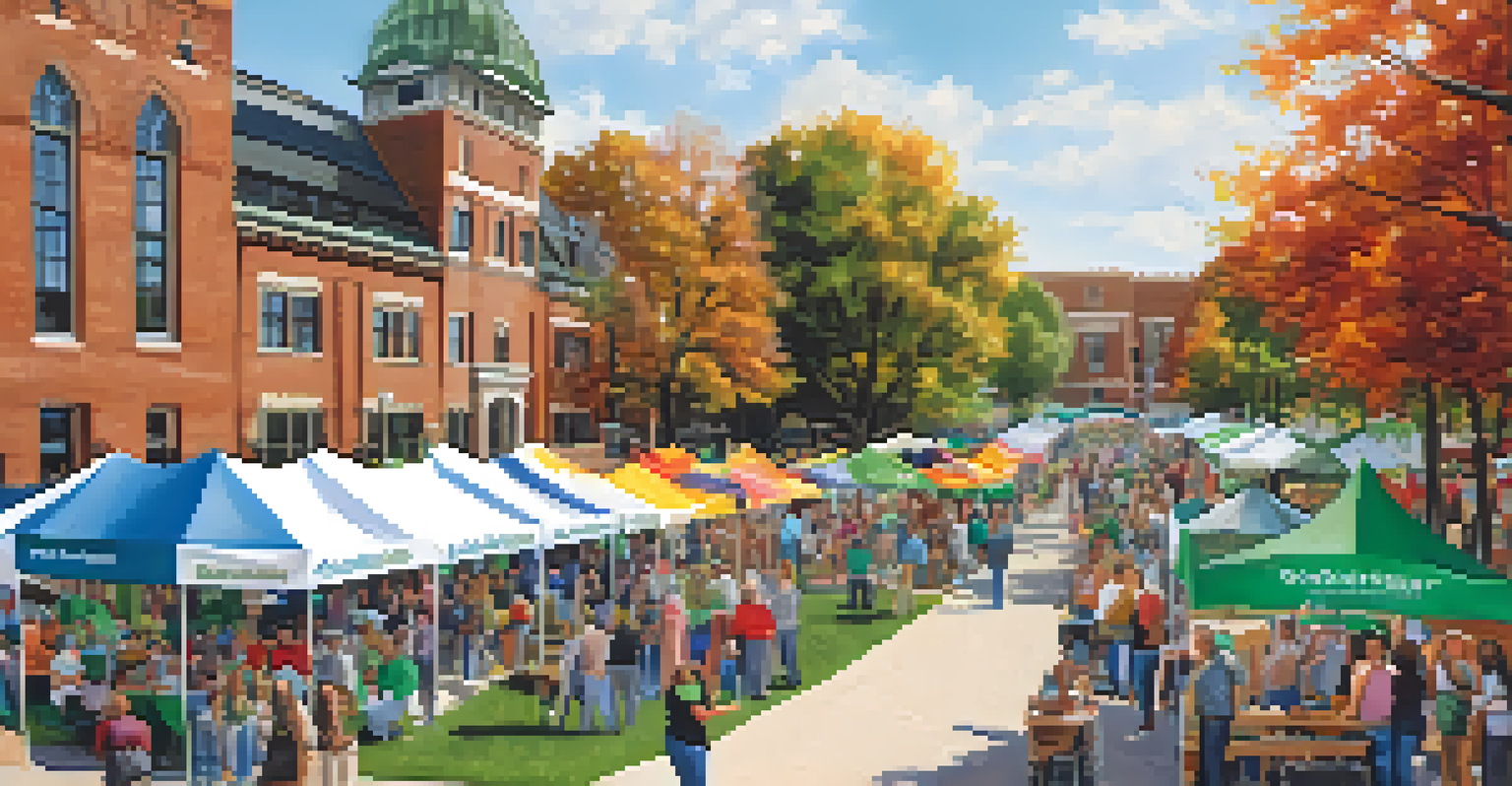 Community engagement event at Michigan State University with booths, colorful banners, and people interacting.