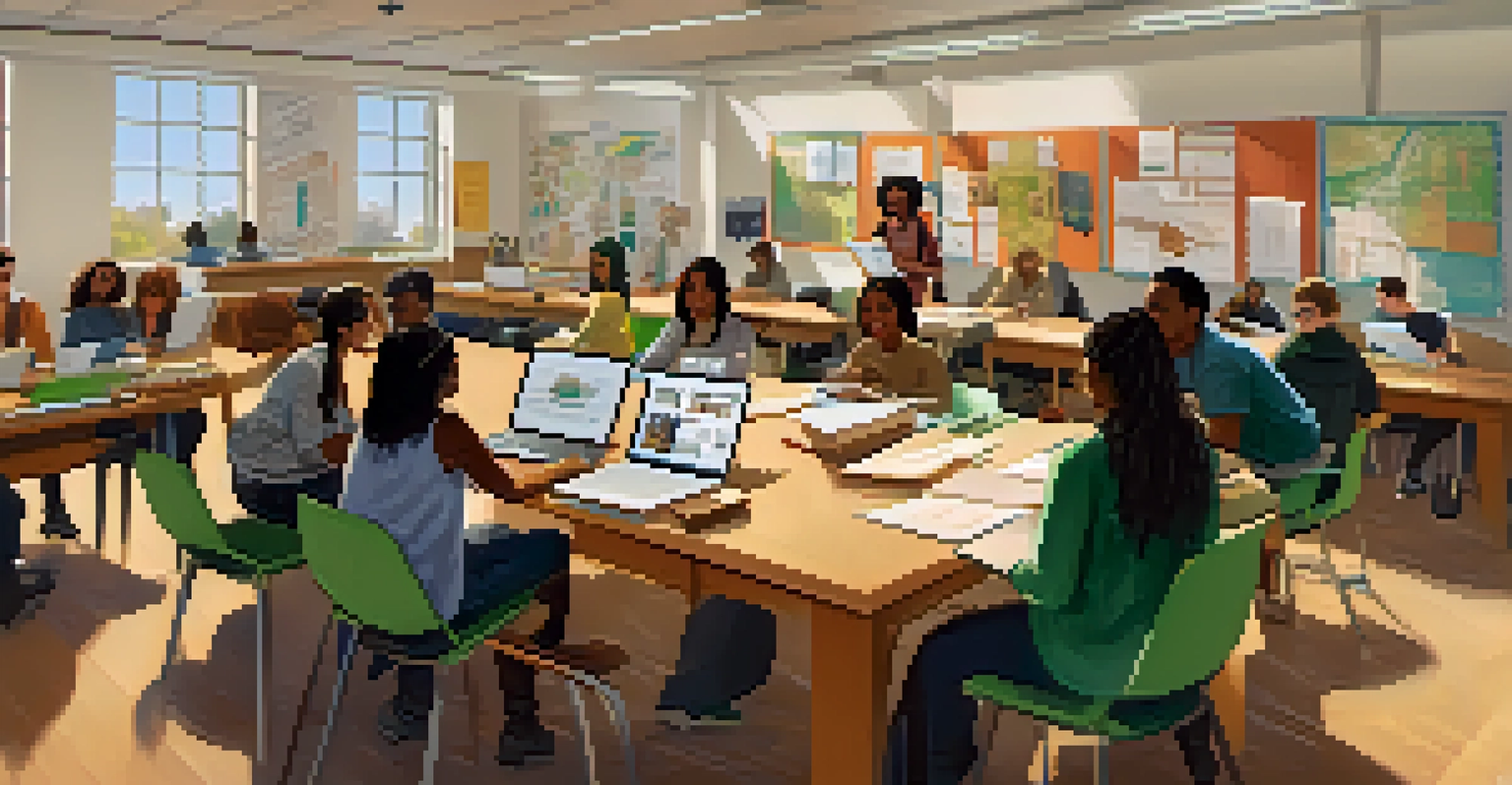 A classroom at Michigan State University with diverse students collaborating on a group project with a professor guiding them.
