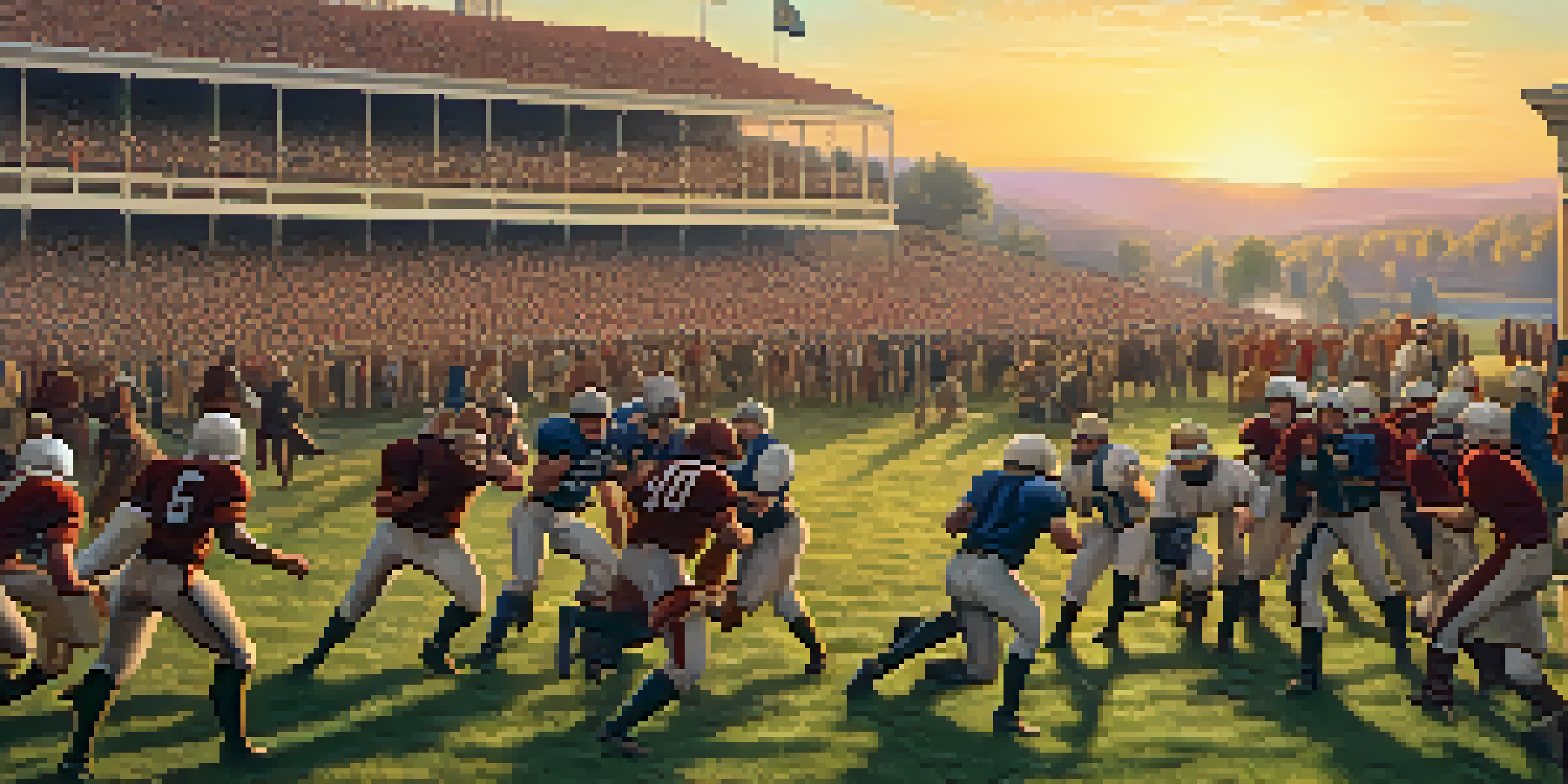 A historic college football game from 1869 with players in vintage uniforms and spectators in period attire, under a sunset.