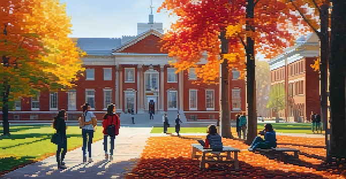A group of diverse students talking under autumn trees on a university campus.