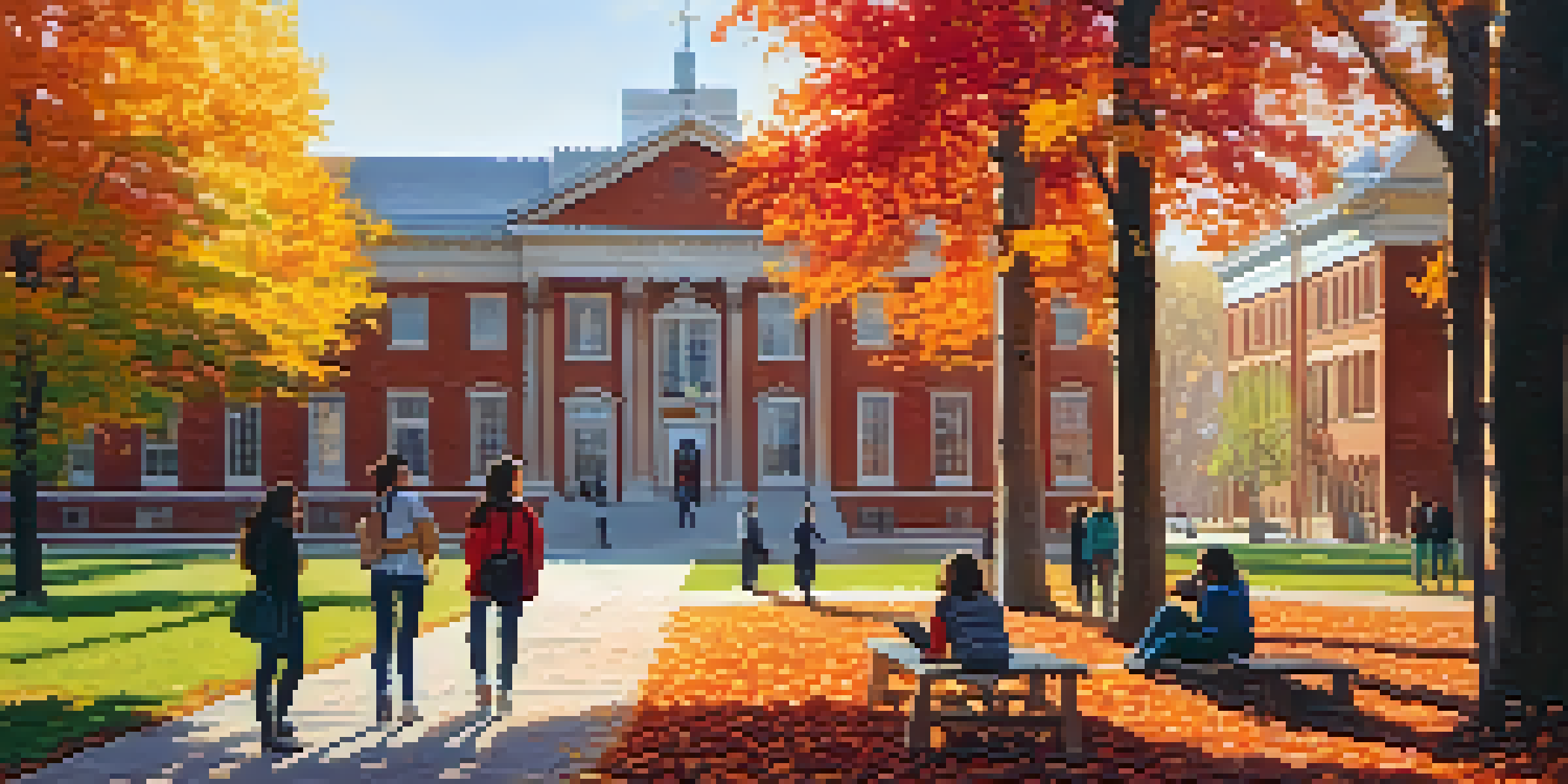 A group of diverse students talking under autumn trees on a university campus.