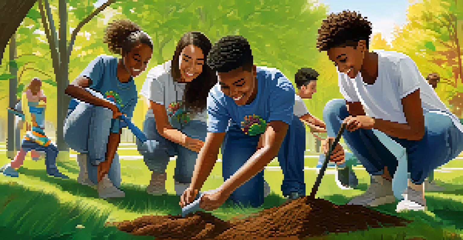 Students planting trees in a park, working together on a community service project, surrounded by greenery and flowers.