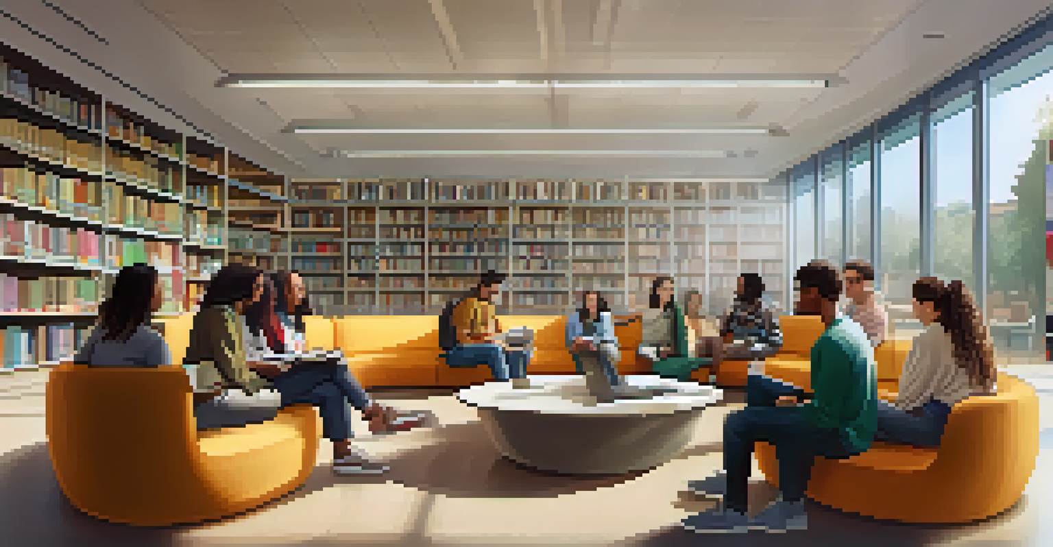 A diverse group of students in a modern library discussing cultural studies, surrounded by books and digital resources.