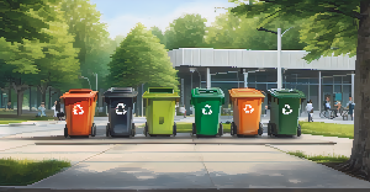 A detailed view of a recycling station at Michigan State University, highlighting colorful bins and students involved in waste reduction activities.