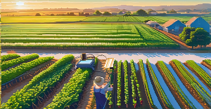 A farmer in a sunny field using a tablet, surrounded by crops and a drone flying overhead.