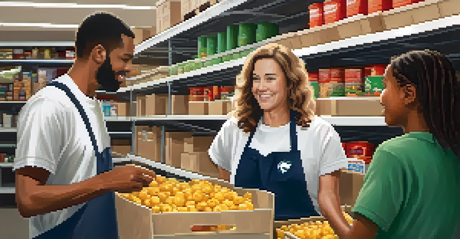A Michigan State University faculty member helping students organize food donations at a local food bank, showcasing teamwork and community engagement.