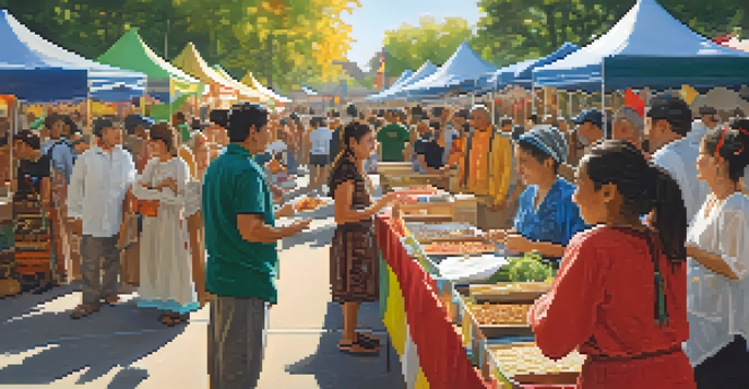 A lively festival scene at Michigan State University featuring diverse cultural booths and people interacting in traditional attire.