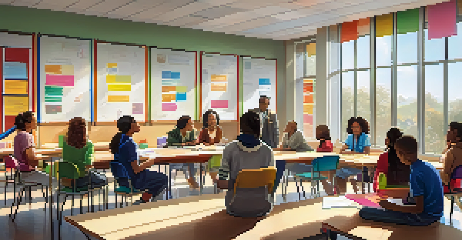 Students and local organization leaders engaged in a discussion about collaboration in a school meeting room, with colorful posters and natural light filling the space.