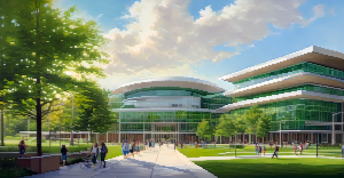 A panoramic view of Michigan State University's campus with the MSU Student Union surrounded by lush greenery and students walking.