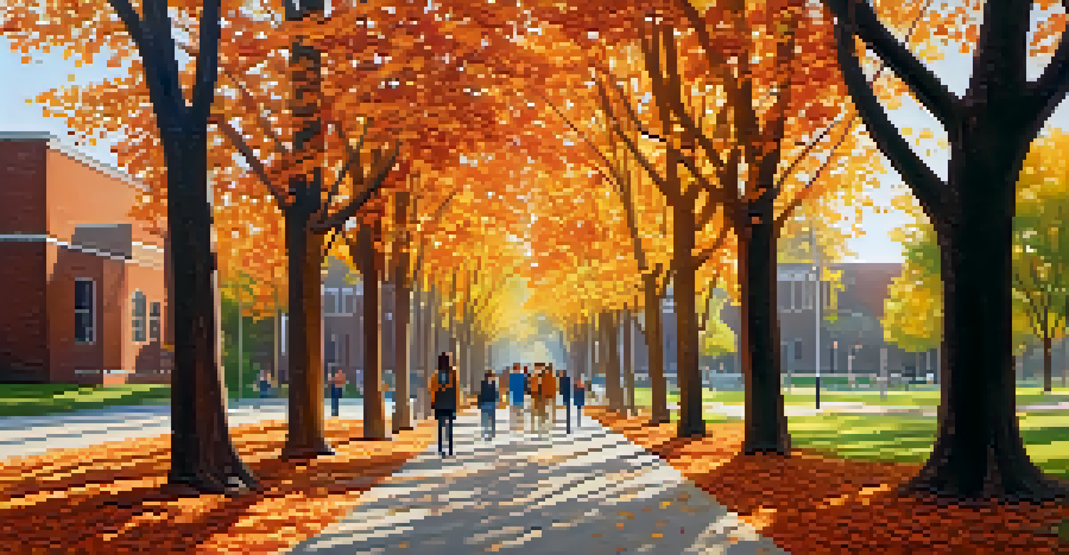 A picturesque fall scene at Michigan State University with colorful trees and students walking along a peaceful path, illuminated by sunlight filtering through the leaves.