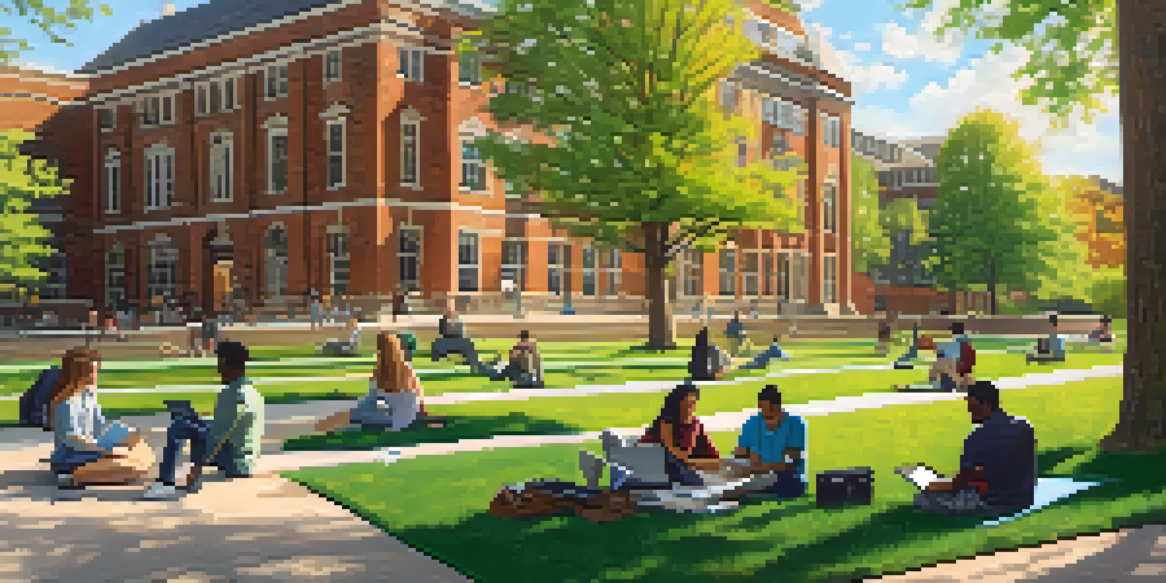 A diverse group of students working together on a project outside on the Michigan State University campus, with sunlight illuminating the scene.