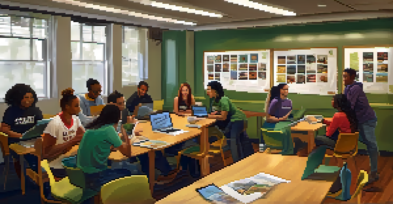 MSU students collaborating in a meeting to plan community service projects, surrounded by posters and a warm setting.