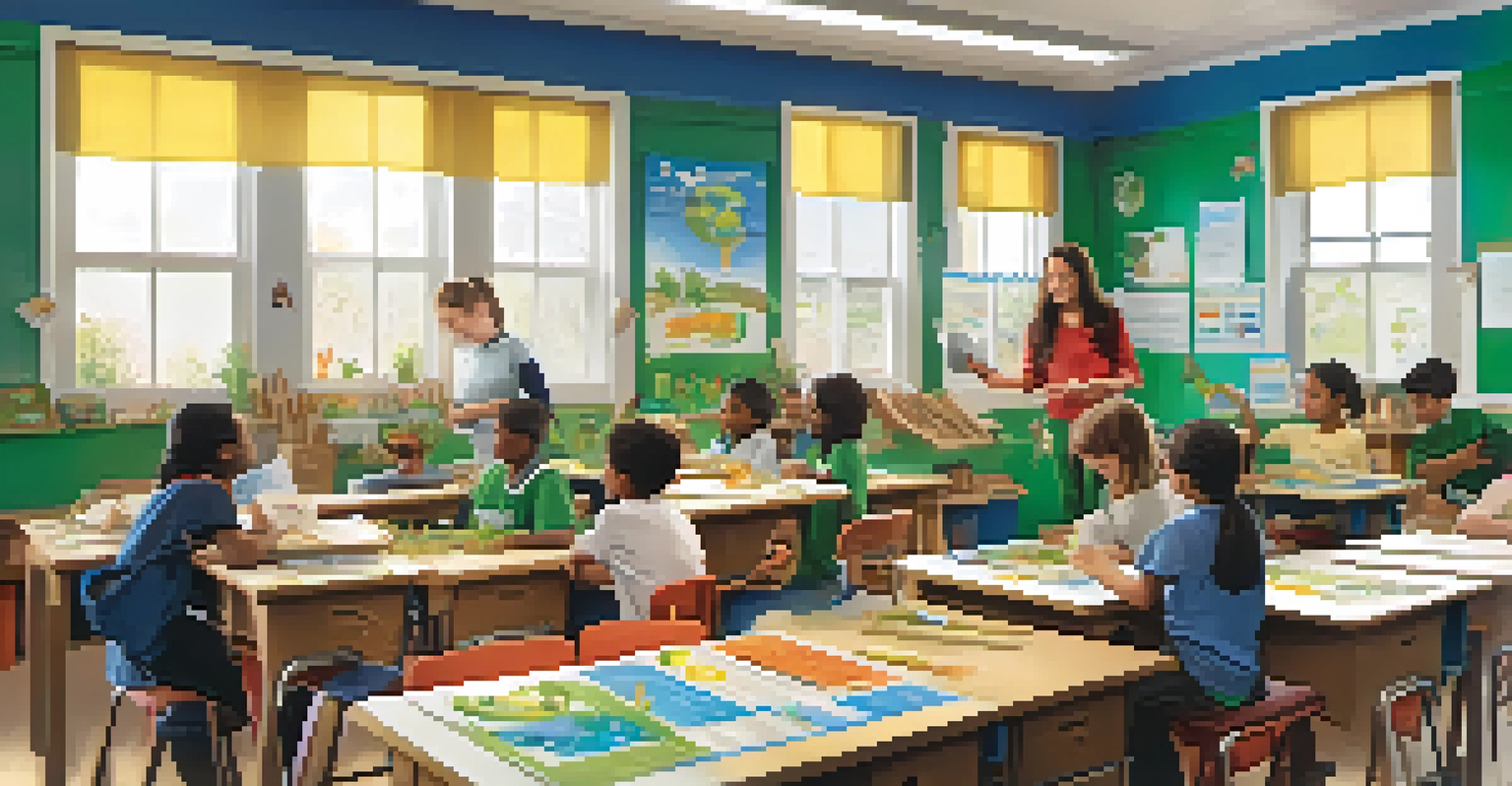 A classroom filled with students learning about environmental sustainability, with posters and hands-on activities.