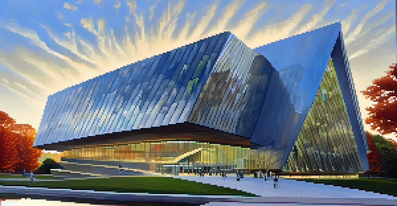The Eli and Edythe Broad Art Museum at Michigan State University with contemporary architecture, surrounded by greenery and reflecting light.