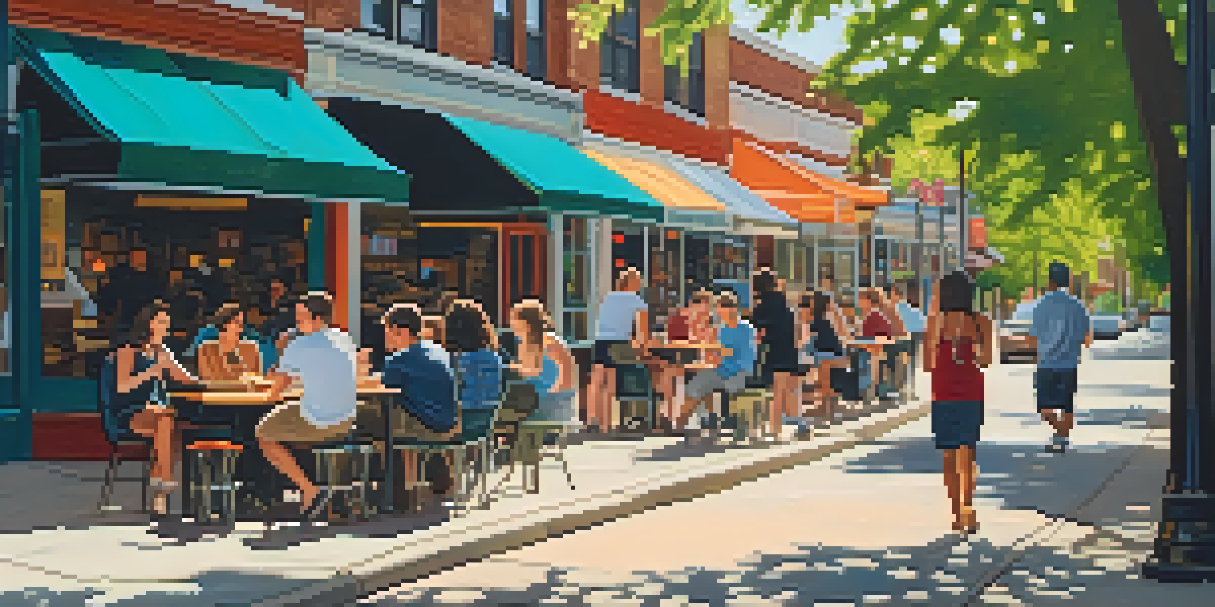A lively street scene in East Lansing with students at a coffee shop and colorful storefronts under warm afternoon sunlight.