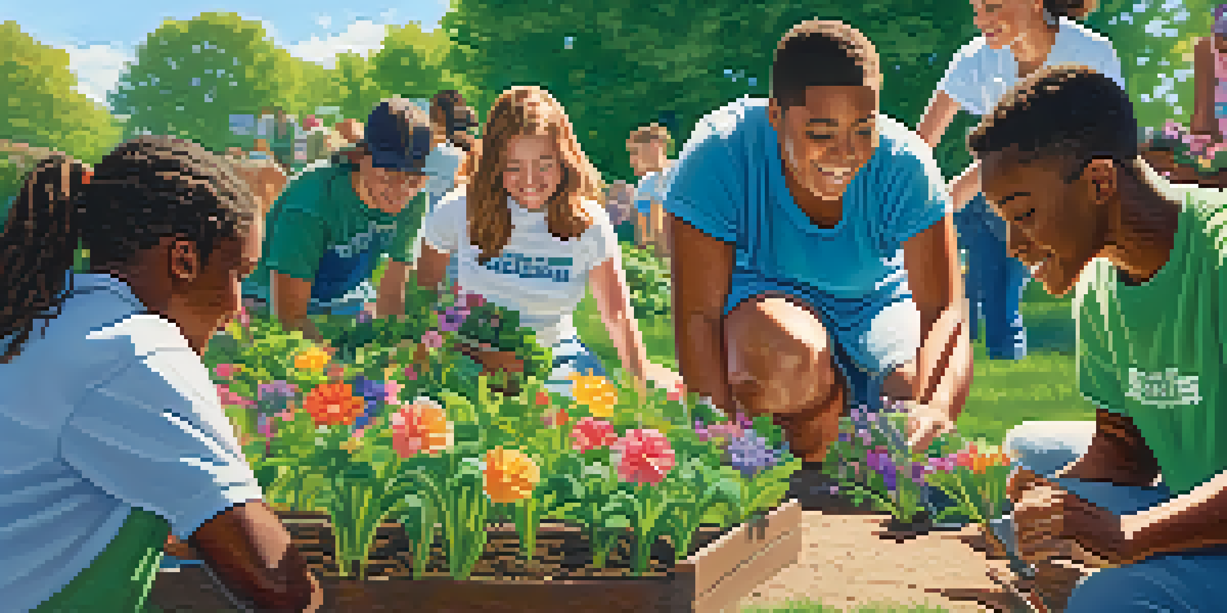 A group of diverse Michigan State University students planting flowers in a park, smiling and working together under a clear blue sky.