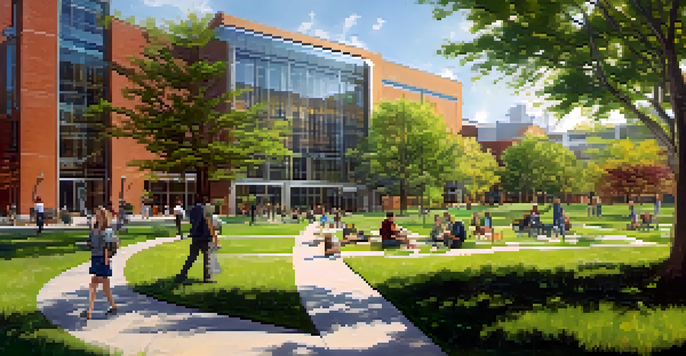A scene of students working on sustainability projects in a university campus with modern buildings and greenery.