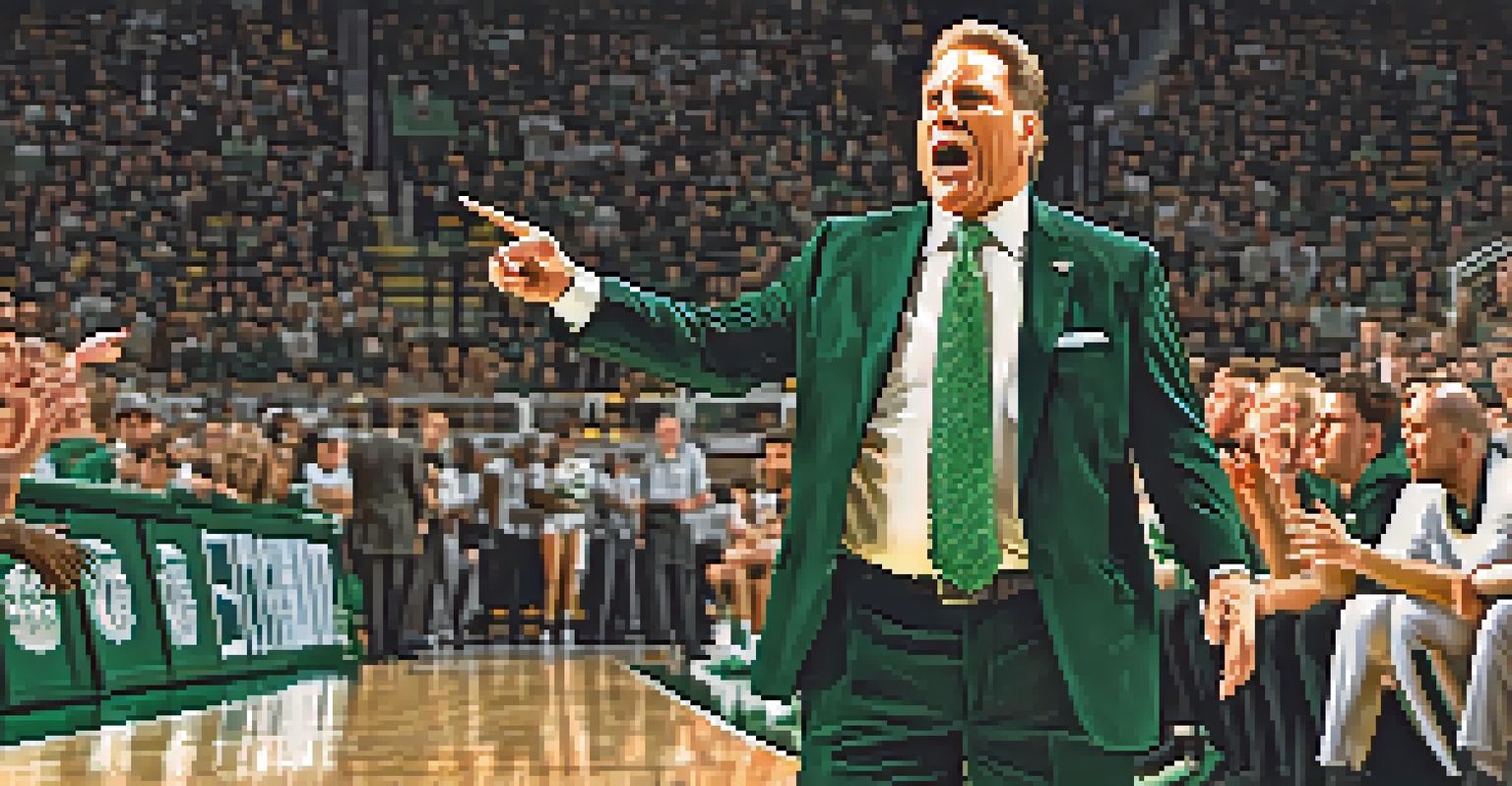 Coach Tom Izzo passionately coaching during a Michigan State Basketball game, with players in action on the court.