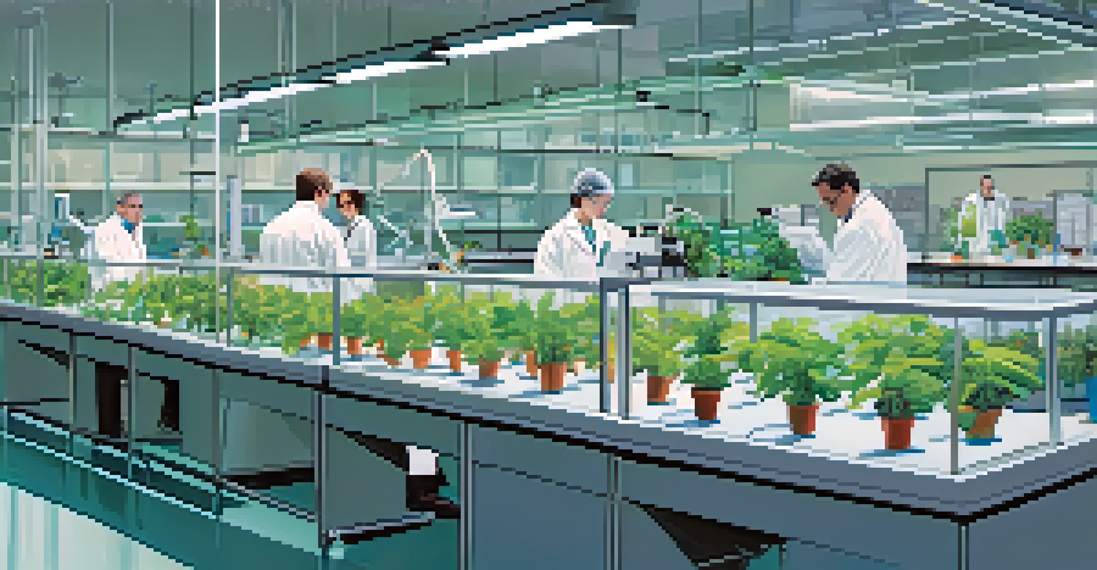 Scientists in a laboratory examining plant samples, showcasing agricultural research.