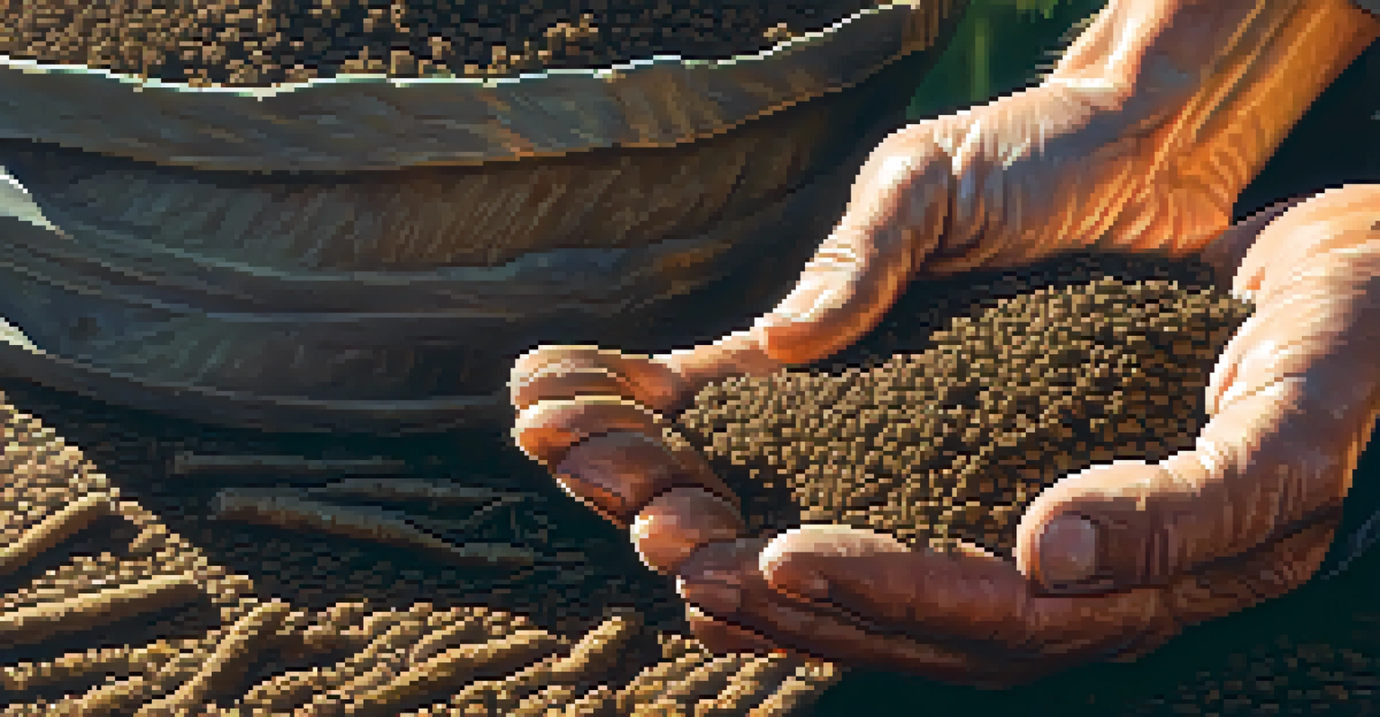 A close-up of a farmer holding healthy soil filled with organic matter and roots, with sunlight filtering through green leaves.
